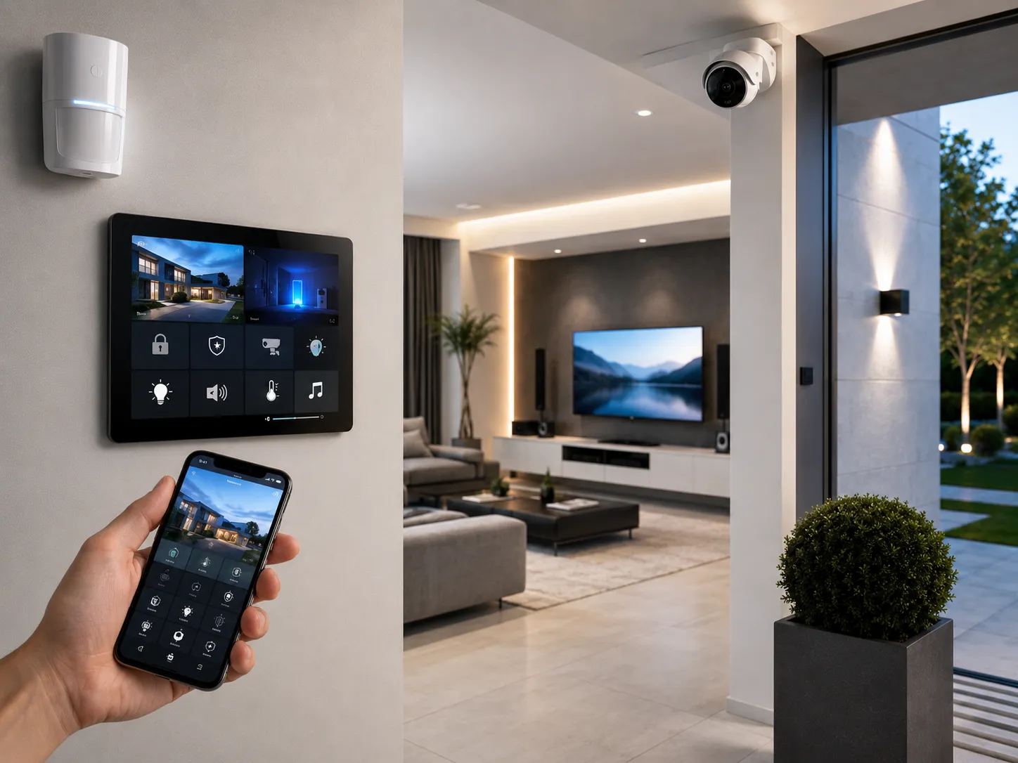 Intérieur de maison moderne avec système de sécurité connecté : détecteur mural, caméra de surveillance, écran de contrôle et smartphone pilotant alarme, caméras et équipements audio-vidéo depuis une interface unique.