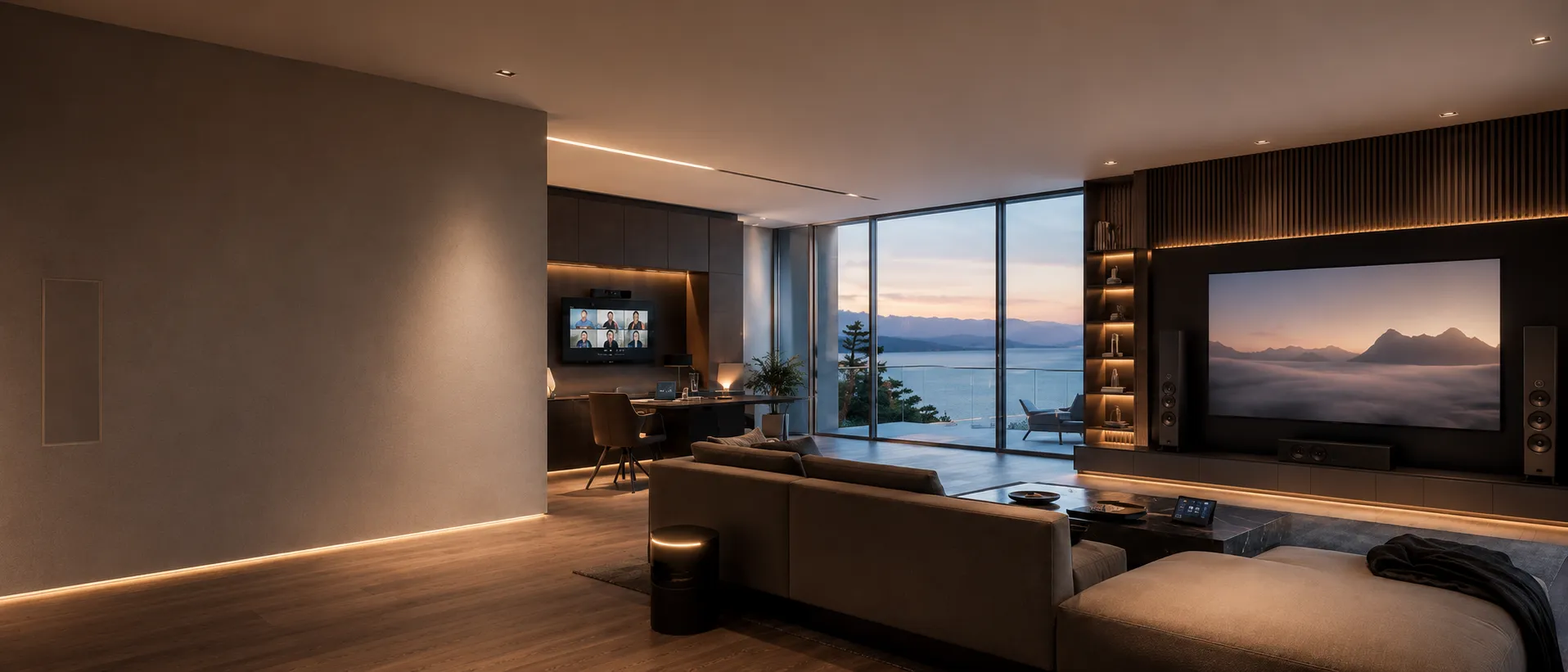 Salon premium au crépuscule : home cinéma grand écran, son intégré et baie vitrée sur le lac.